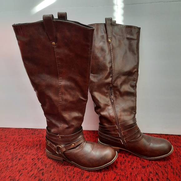 Journee Collection Women's Brown Studded Ankle Strap Tall Riding Boots Size 9 - Picture 4 of 11